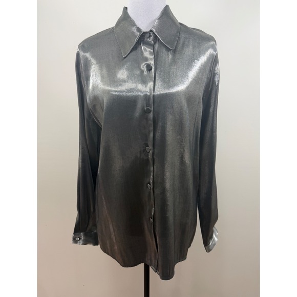 christie & jill Tops - Christie & Jill Y2K Metallic Silver Button Down Blouse Long Sleeve Top 10